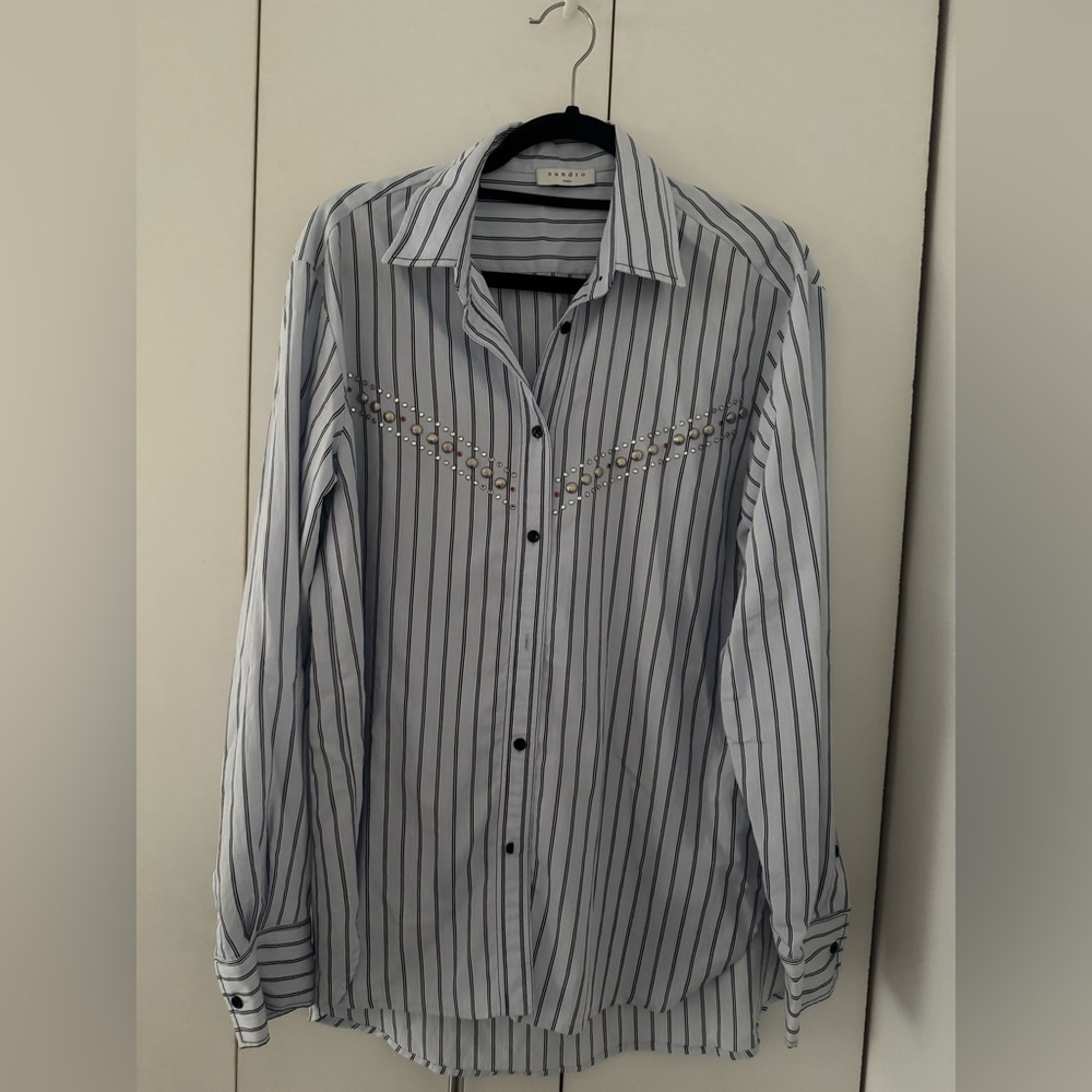 Sandro Women’s Blue, Black and White Striped Button Down Shirt